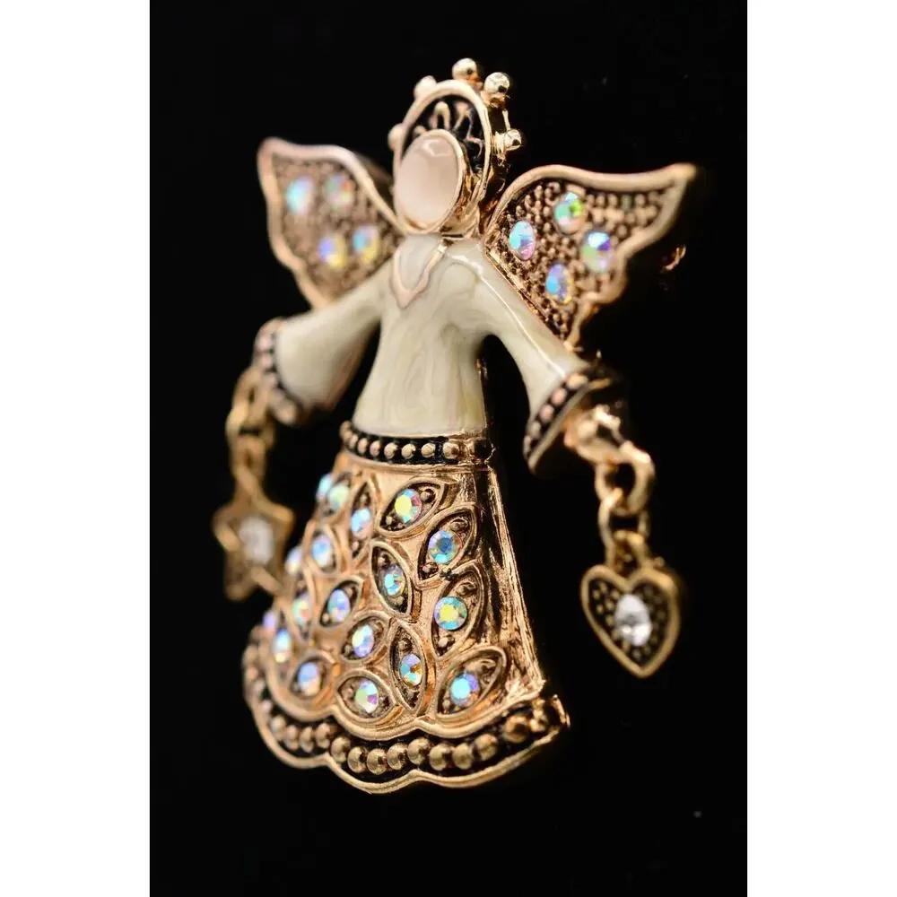 KC Vintage Christmas Angel Pin Brooch Star Heart AB Rhinestone Signed 90s Bin5A